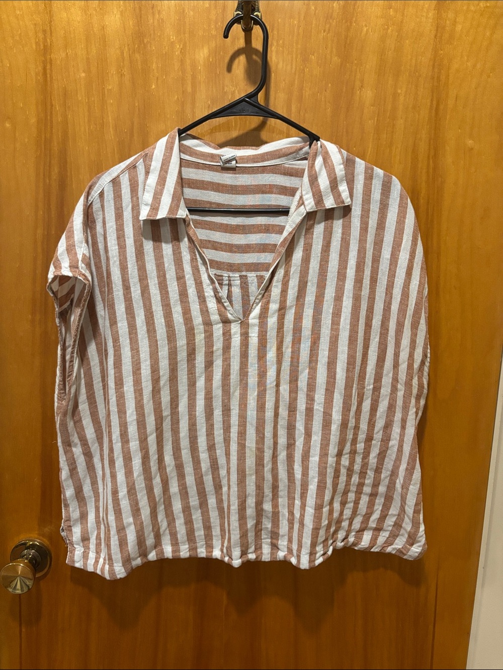 Old Navy Vertical Stripe V-Neck Collared Blouse - Cream & Brown